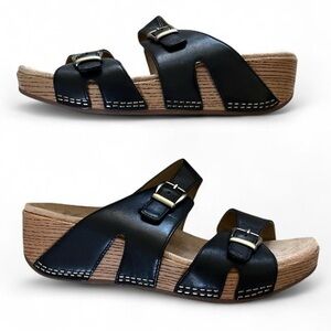 Dansko Black Leather Double Strap Platform Wedge Women's Sandals